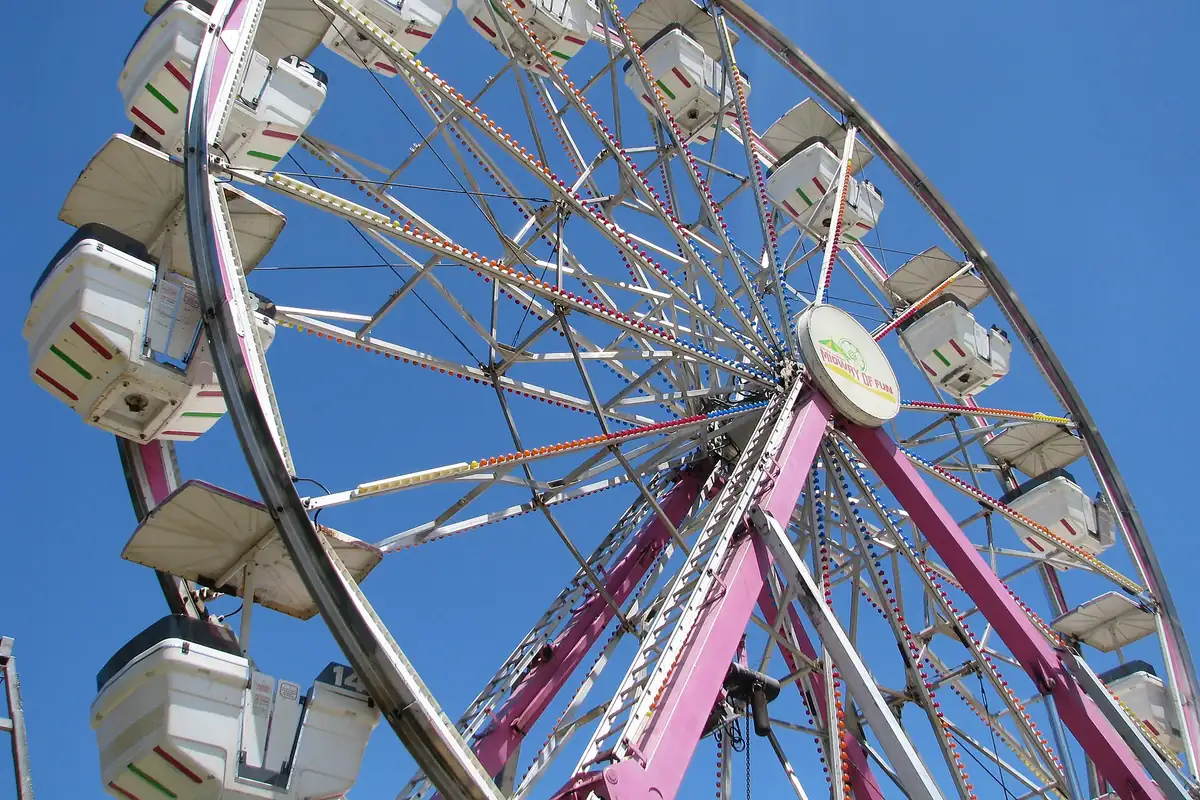 A ferris wheel against a clear blue sky