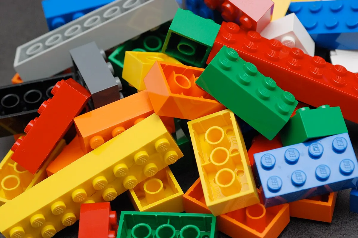 A close-up pile of assorted colorful Lego bricks